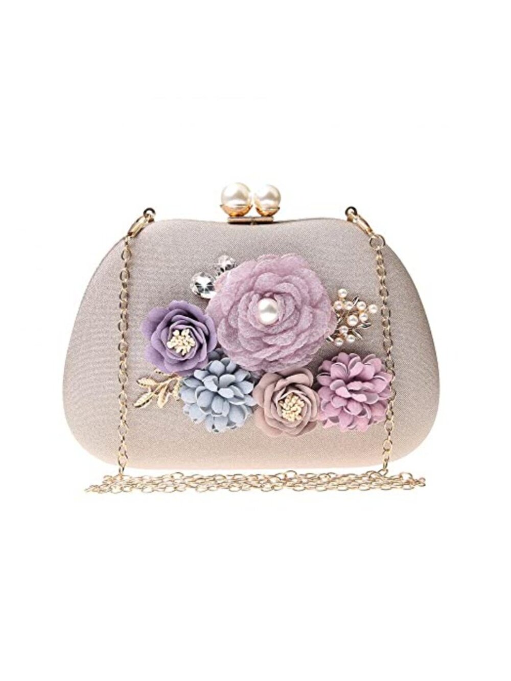 Floral Satin Clutch Evening Bag with Pearl Clasp